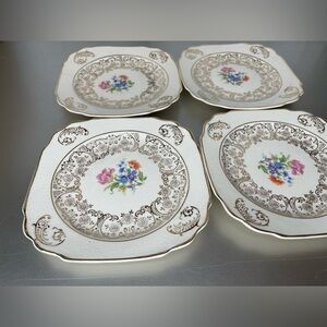 Vintage Set of 4 Harker Pottery Co. 22kt. Gold Flower Plate
